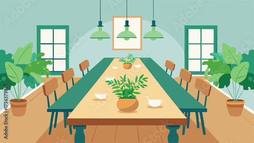 A dining room with a long rustic wooden table adorned with a lush centerpiece of greenery.
