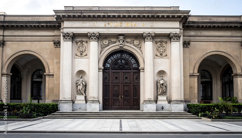 Obraz premium A stately, stone-clad edifice with an arched entrance, flanked by statues. The building boasts ornate columns, decorative detailing, and a grand wooden door