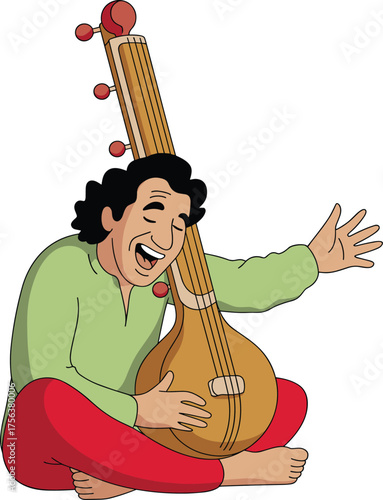 Happy cartoon man caricature holding a freshly caught fish and a large red weight, vector illustration of a South Asian market buyer for food, commerce, and culture concepts.