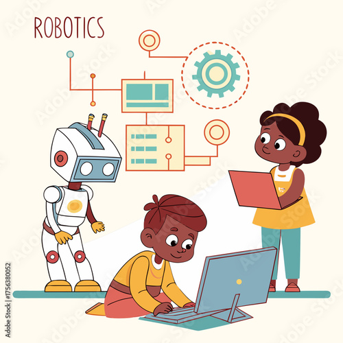 Vector art of kids learning robotics