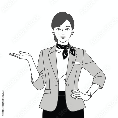A professional woman in a suit and scarf gestures with an open palm, presenting an idea or product with confidence.