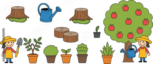 Gardening cartoon vector set, apple tree, watering can, potted plants, tree stumps, characters with tools, nature care, plant growth icons