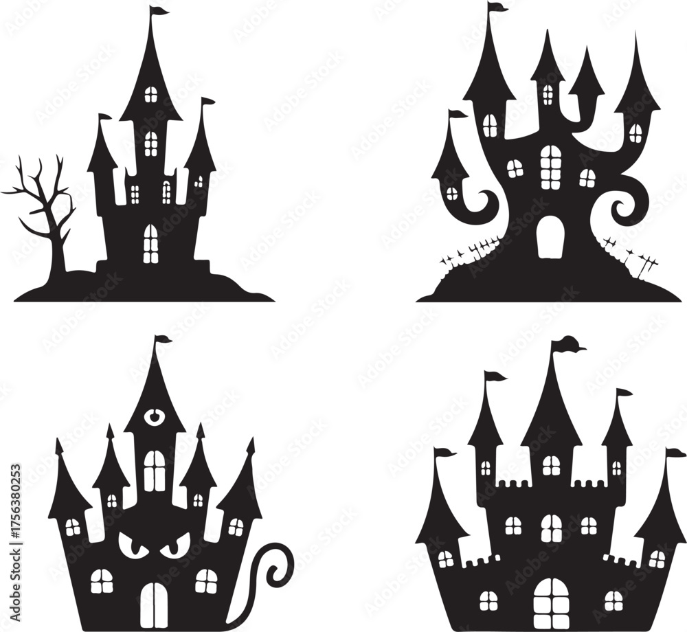 Obraz premium Haunted House with Bats and Bare Trees Silhouette for Halloween Design