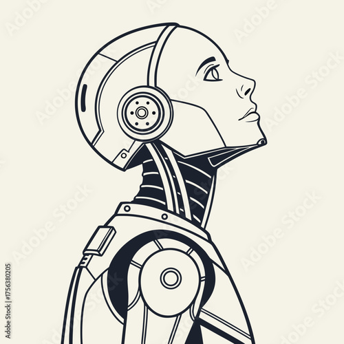 Vector art of robot looks up in contemplation