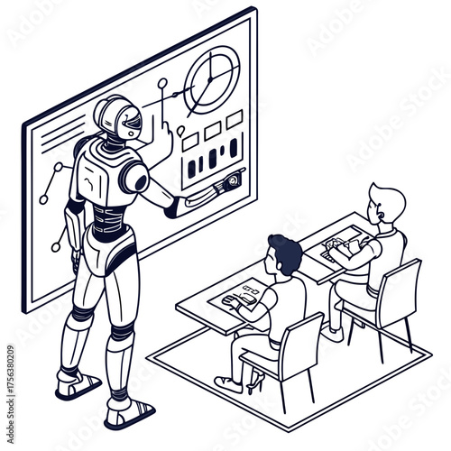 Vector art of robot teaches student in classroom