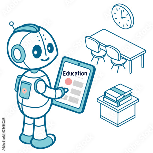 Vector art of robot using tablet for education online