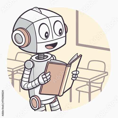 Vector art of robot reading a book in classroom