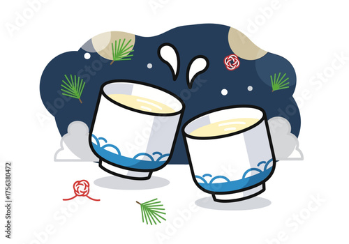 Two sake cups clinking with background art featuring pines clouds and decorations