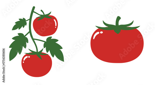 Simple illustration of three ripe red tomatoes with green stems and leaves
