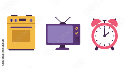 A collection of retro domestic appliances including a stove tv and clock