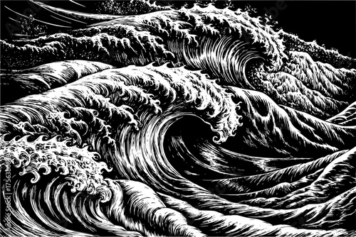 Dynamic ocean waves crash with dramatic intensity, showcasing the raw power and beauty of the sea in a striking monochrome artistic style.