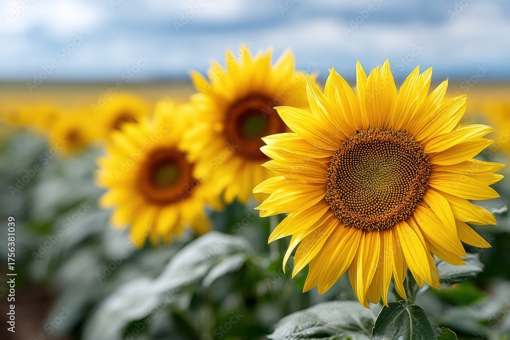 Fototapeta premium Bright yellow sunflowers bloom in a vibrant field under a cloudy sky during mid-summer
