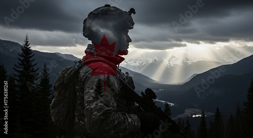 Canadian soldier stands guard in mountainous terrain, silhouetted against dramatic sky with sun rays, symbolizing strength and resilience.