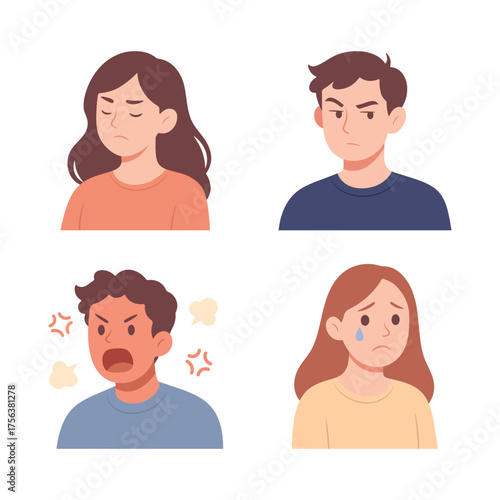 Set of people showing negative emotions: anger, sadness, frustration, and disappointment. Reaction, emotional expression concept in flat cartoon style. Vector isolated on white.