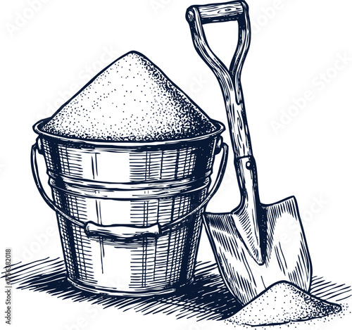 Illustration of a bucket filled with sand and a shovel, isolated on transparent background