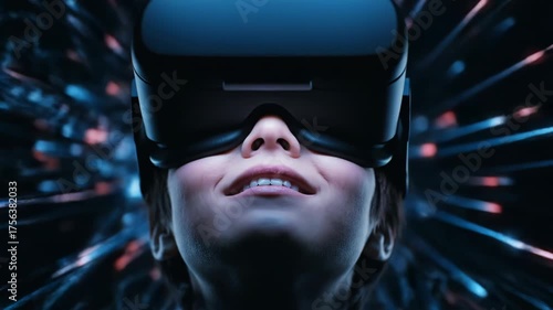 Closeup of a person wearing a virtual reality headset, immersed in a futuristic digital world with glowing lights