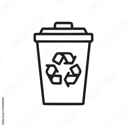 A line drawing of a recycling bin with a lid and a recycling symbol on the side of the bin