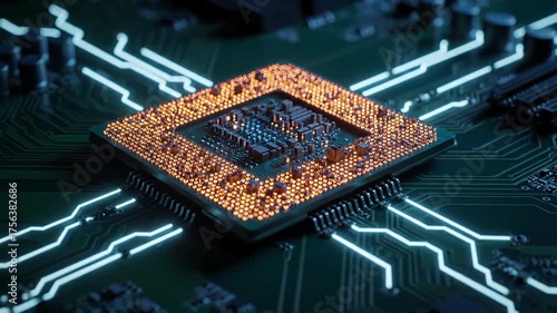 Closeup of a glowing orange cpu processor on a dark green circuit board with illuminated blue lines, representing advanced technology and digital data flow