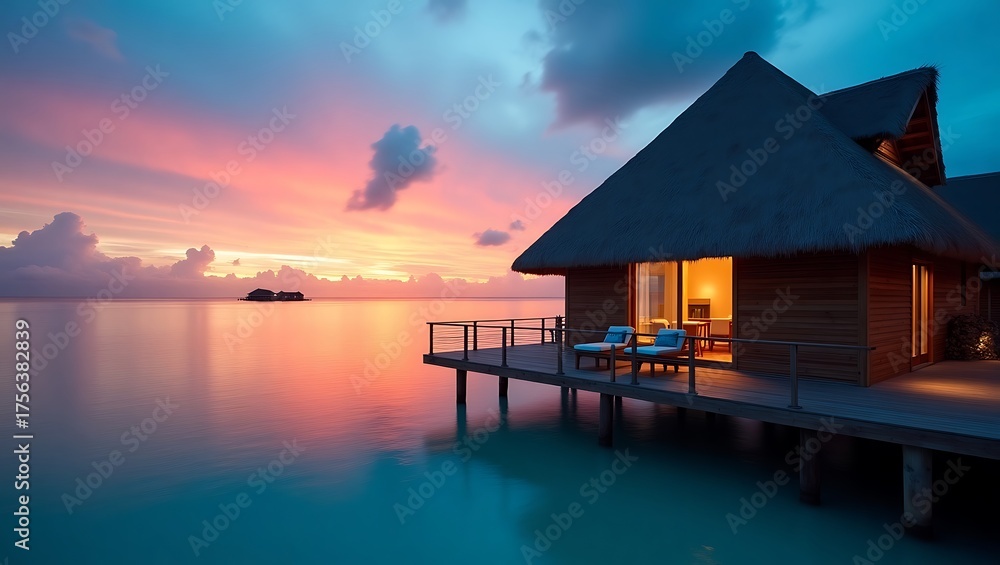 Obraz premium Sunset Overwater Bungalow Paradise Serenity