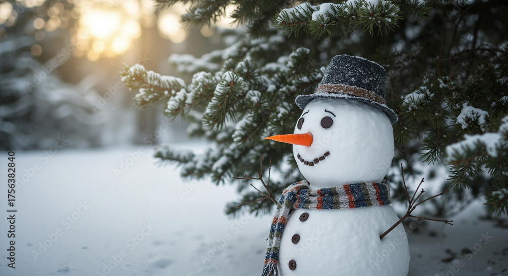 Obraz premium Snowman wearing a hat and scarf in winter forest setting 