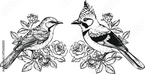 Two birds perched among roses, isolated on transparent background