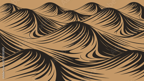 Dynamic black wave pattern on tan background for modern backgrounds, stylish designs, and eye catching creative projects perfect for visual appeal