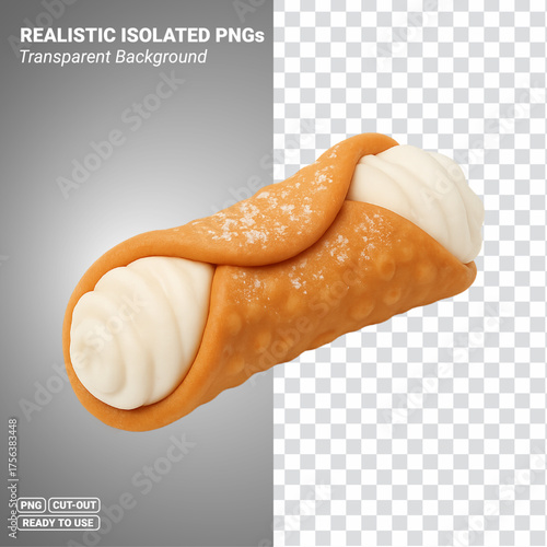 Cannoli Italian pastry with ricotta cream filling dusted with sugar isolated image. Transparent PNG file ready to be used.