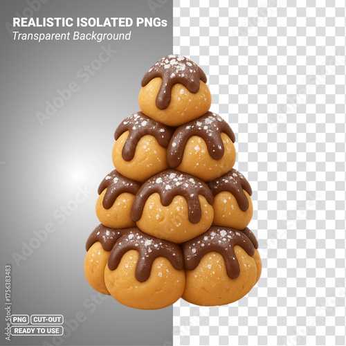 Chocolate cream puff profiterole croquembouche tower dessert isolated image. Transparent PNG file ready to be used.