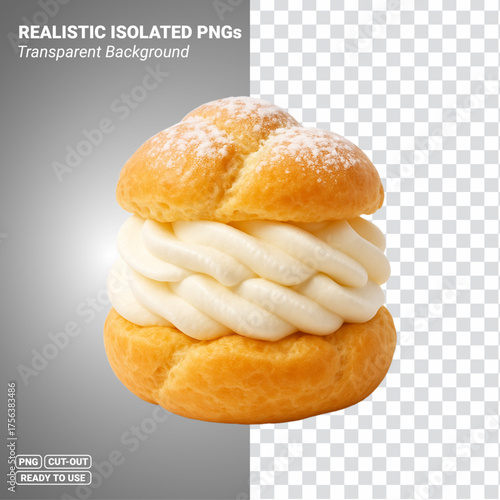 Cream puff dessert with whipped vanilla cream filling isolated image. Transparent PNG file ready to be used.