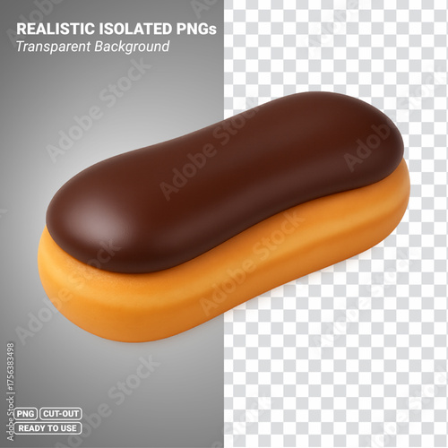 3D chocolate eclair pastry dessert with rich chocolate glaze isolated image. Transparent PNG file ready to be used.