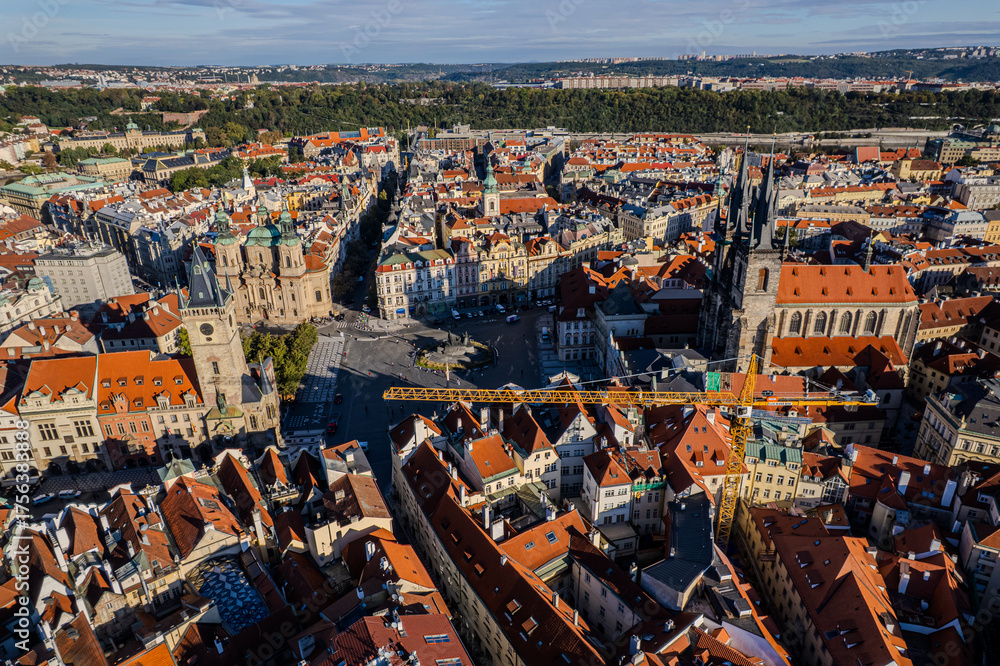 Obraz premium Beautiful Aerial view of Old town Square, the Astronomical Clock, St. Nicholas Church and the Church of Our Lady before Týn in Prague