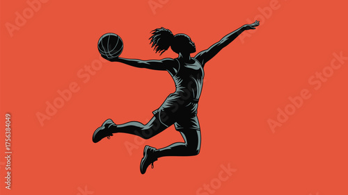 Dynamic silhouette of a female basketball player soaring through the air, ready to slam dunk the ball with power and grace on a vibrant red background