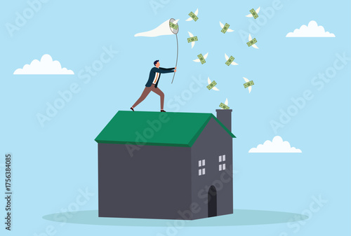 Vector illustration of a businessman standing on a house rooftop netting flying money, symbolizing financial opportunity, real estate profit, and business success
