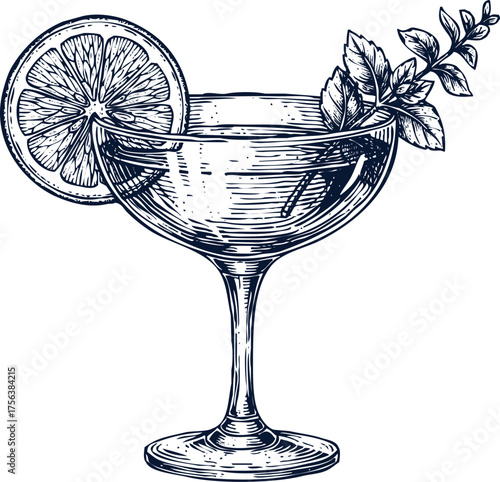 Cocktail glass with lemon slice and mint, isolated on transparent background