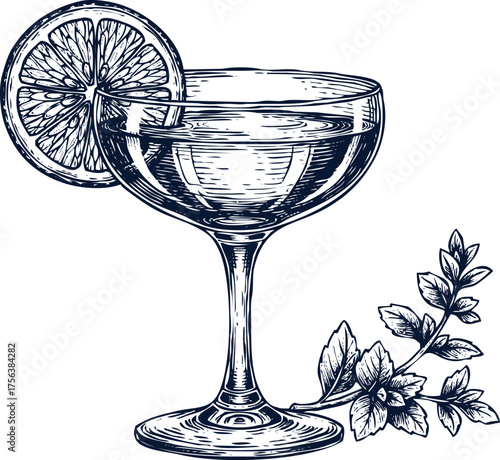 Cocktail glass with lemon slice and mint, isolated on transparent background