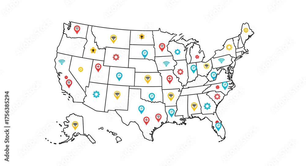 Obraz premium Connected America map showing wifi hotspots, technology hubs and healthcare locations across the United States for business expansion planning