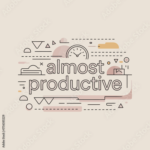 Conceptual art typography emphasizing productivity and time management with abstract geometric elements and a clock face motif vector