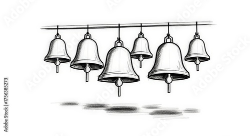 A black and white artistic drawing of seven bells hanging in a row from a bar.