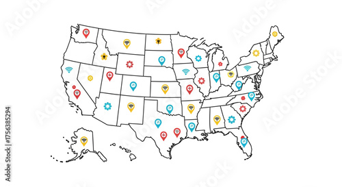 Connected America map showing wifi hotspots, technology hubs and healthcare locations across the United States for business expansion planning