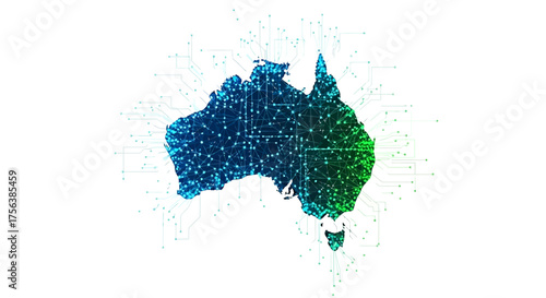 Australia's digital future interconnected with technology, showcasing modern networks and innovation in vibrant blue and green hues for business and technology.