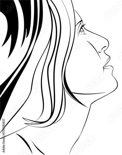 Elegant woman's profile with flowing hair, seeking inspiration and beauty in a minimalist, artistic representation