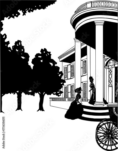 Elegant women in vintage attire arrive at a grand classical estate by horse drawn carriage, hinting at historical charm and refined social gatherings.