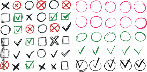 Hand drawn check mark and circle doodle set. Tick, cross, checkbox, and highlight symbols in colorful marker sketch style. Vector isolated icons for checklist, school, and office design