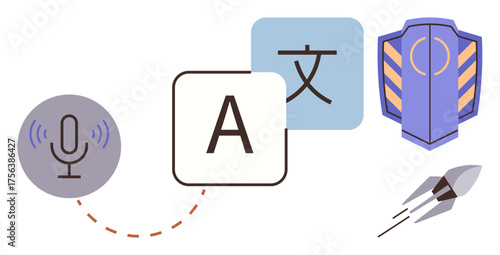Microphone icon, multilingual text boxes, shield, and rocket represent technology, translation, AI, cybersecurity, innovation communication and progress. Ideal for apps tech services or global