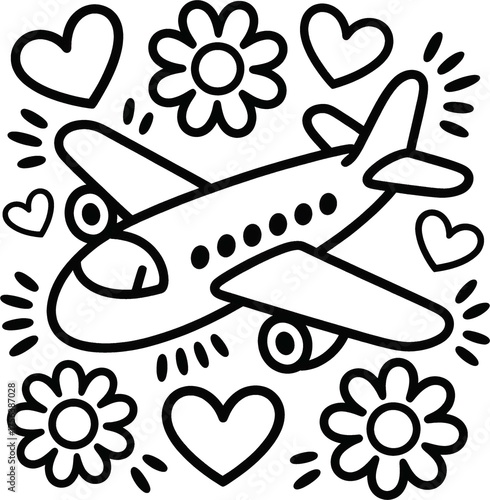 airplane flying in the sky among clouds and stars coloring page, black and white cartoon coloring page.
