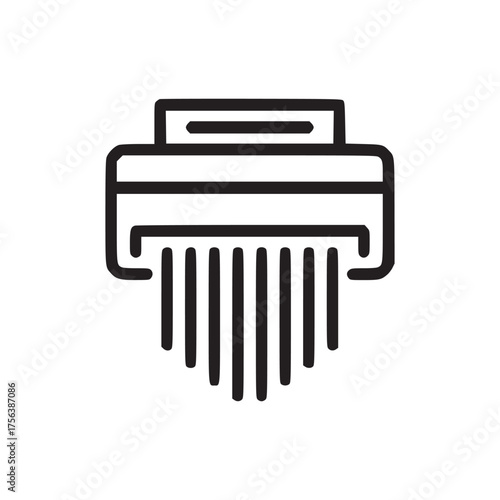 A minimalist line drawing of a paper shredder with shredded paper falling from the machine on white background