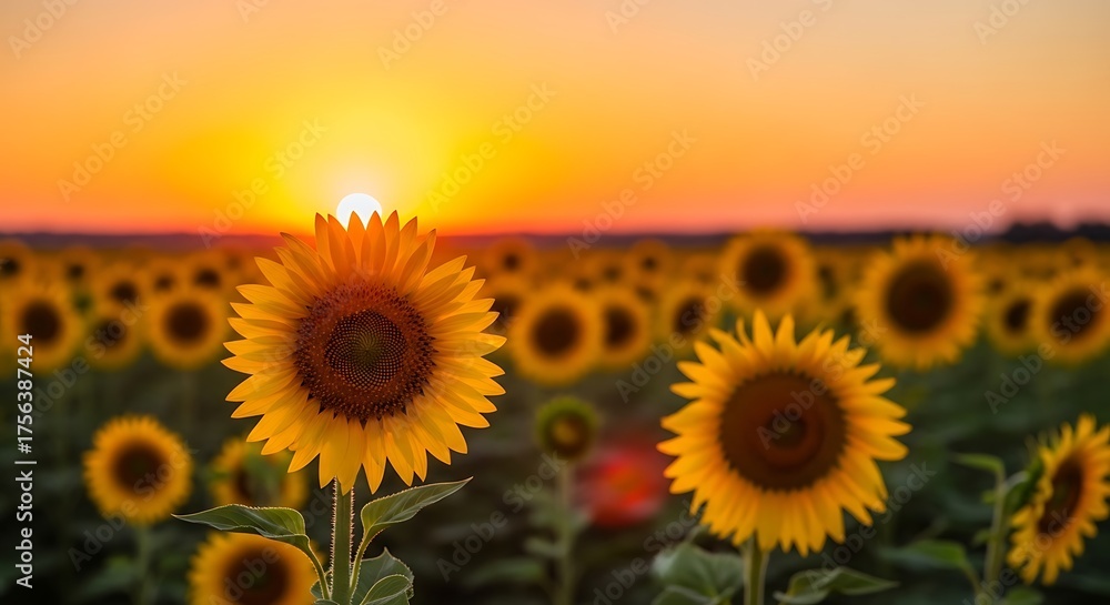 Fototapeta premium Magnificent sunflower field at sunset bathed in golden light summer landscape nature beauty and abundance