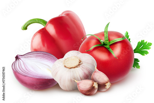 Bunch of vegetables. Red onion, tomato, garlic with two segments, bell pepper isolated on white background