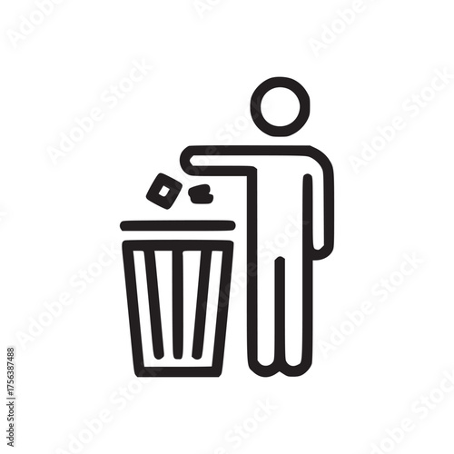 A simple line drawing of a person throwing trash into a bin on a white background illustration icon