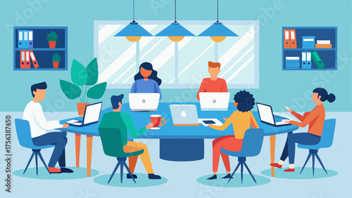 A collaborative workspace filled with large tables and comfortable chairs where students can work on group projects and presentations.